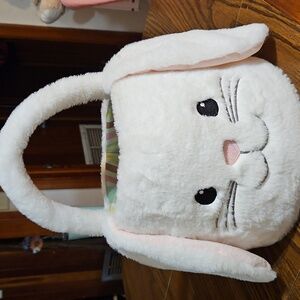 PLUSH EASTER BASKET, Soft Fuzzy White Rabbit-Plaid-Smile-Easter Egg Hunting Bag